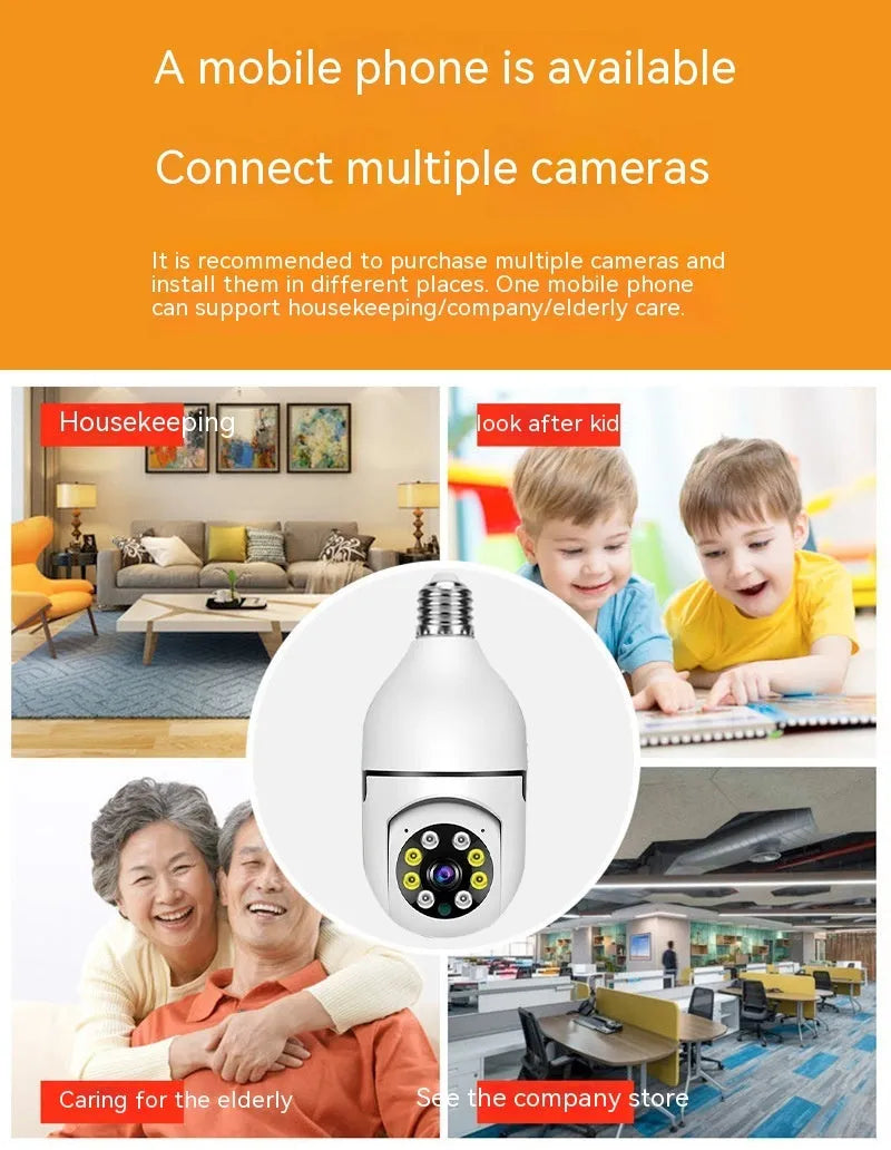 Wireless bulb security camera with 1080p resolution and full colour night vision for indoor outdoor use