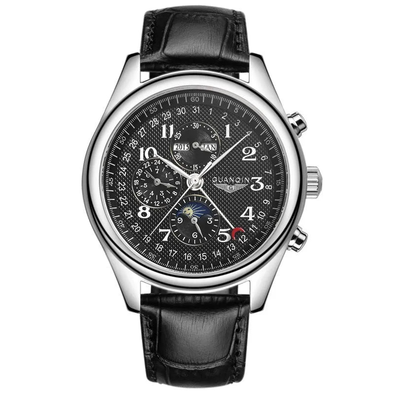 Men's mechanical perpetual calendar watch with moon phase display on leather strap