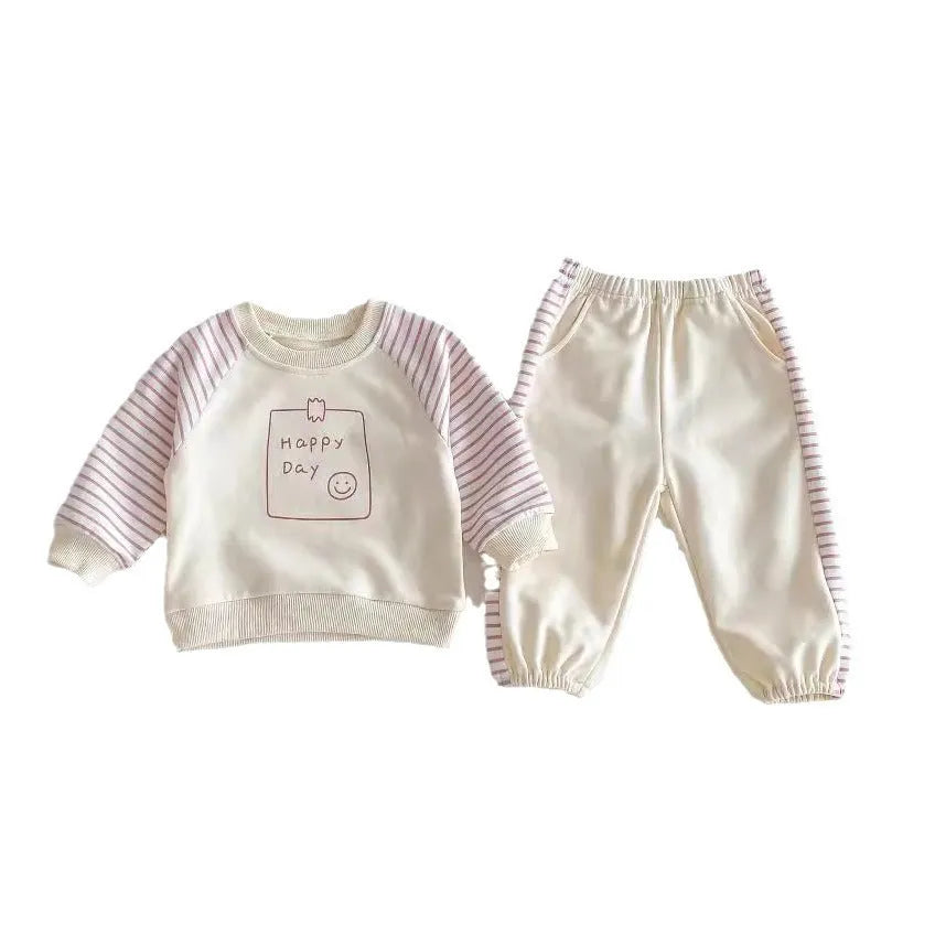 Children's cotton striped sweatshirt and sweatpants two-piece set in light beige, long sleeve pullover style