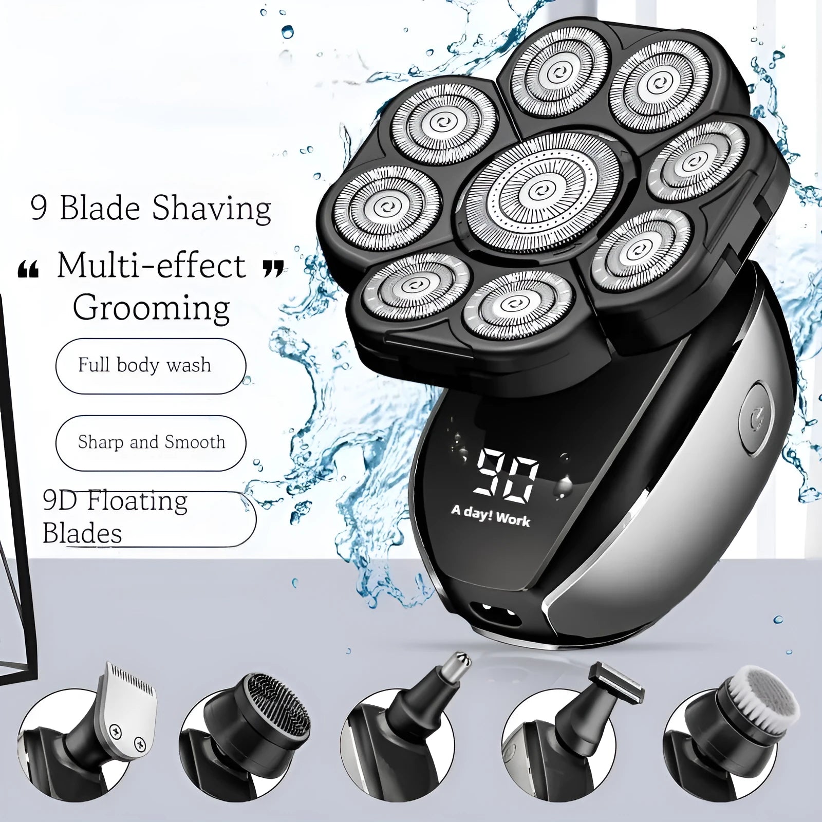 Black USB rechargeable 6-in-1 hair clipper kit with attachments on a white background