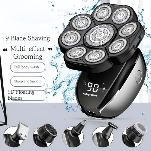 Black USB rechargeable 6-in-1 hair clipper kit with attachments on a white background