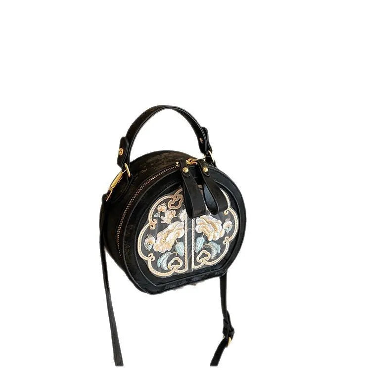 Chinese embroidery shoulder messenger bag in soft PU with horizontal square shape and zipped inner pocket