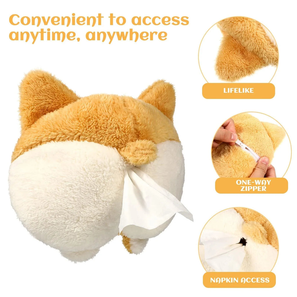 Yellow corgi butt shaped tissue box cover with elastic strap for car sun visor