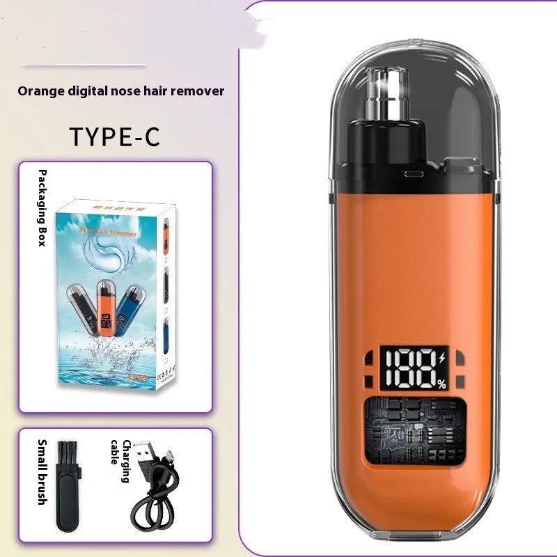 Rechargeable nose hair trimmer with digital display, shown in black, blue, and orange colour options.