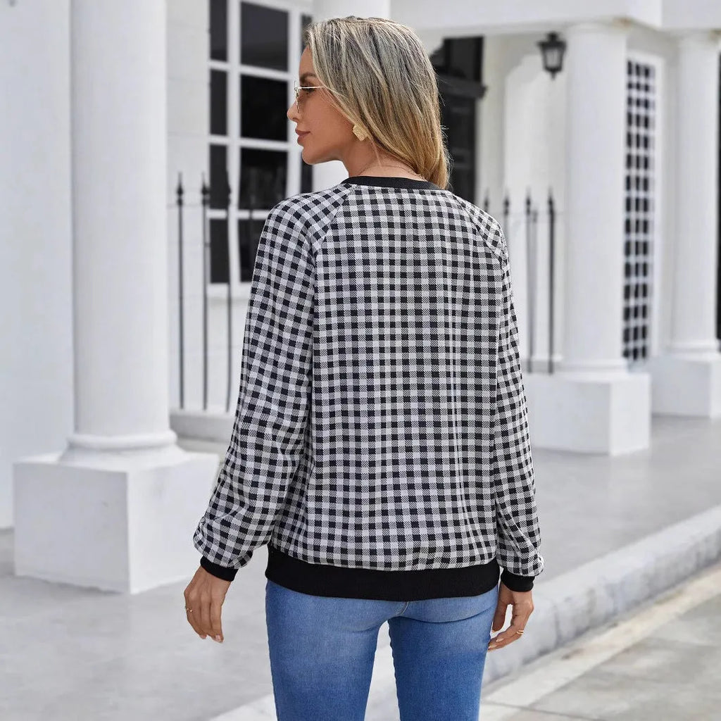 Black Japanese plaid pattern long sleeve pullover sweater with printed details
