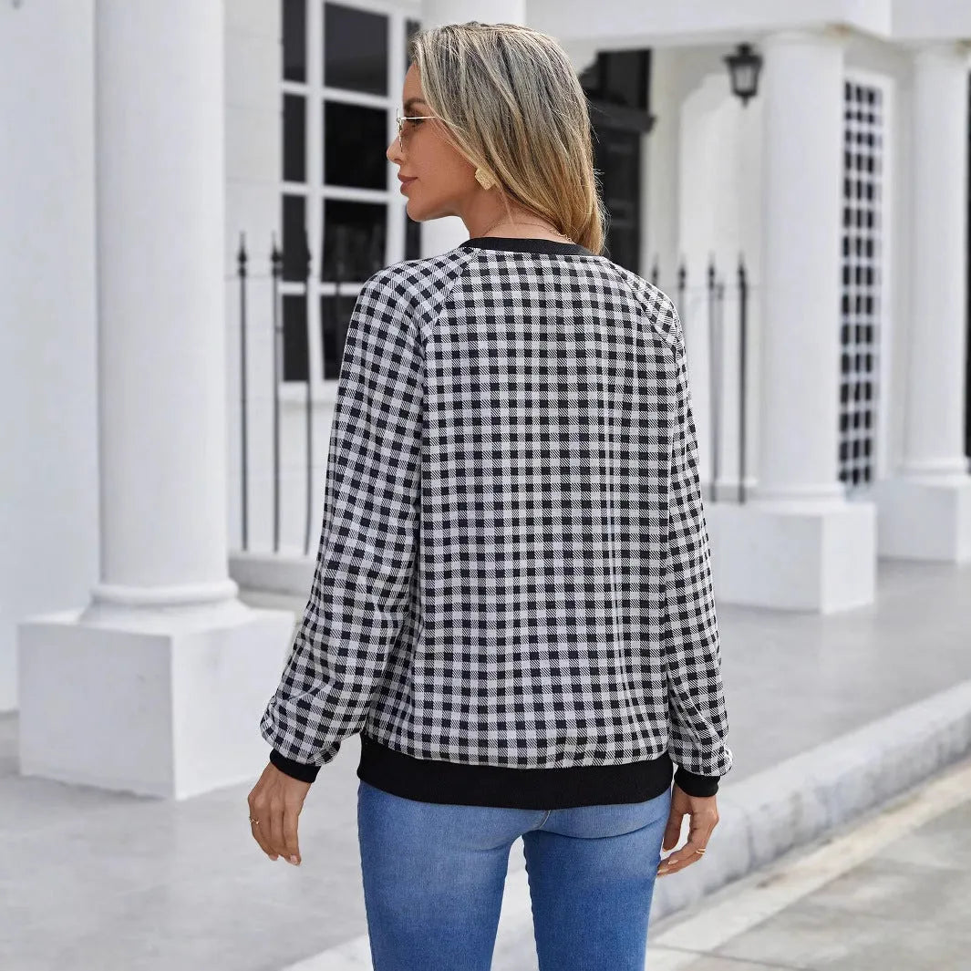 Black Japanese plaid pattern long sleeve pullover sweater with printed details