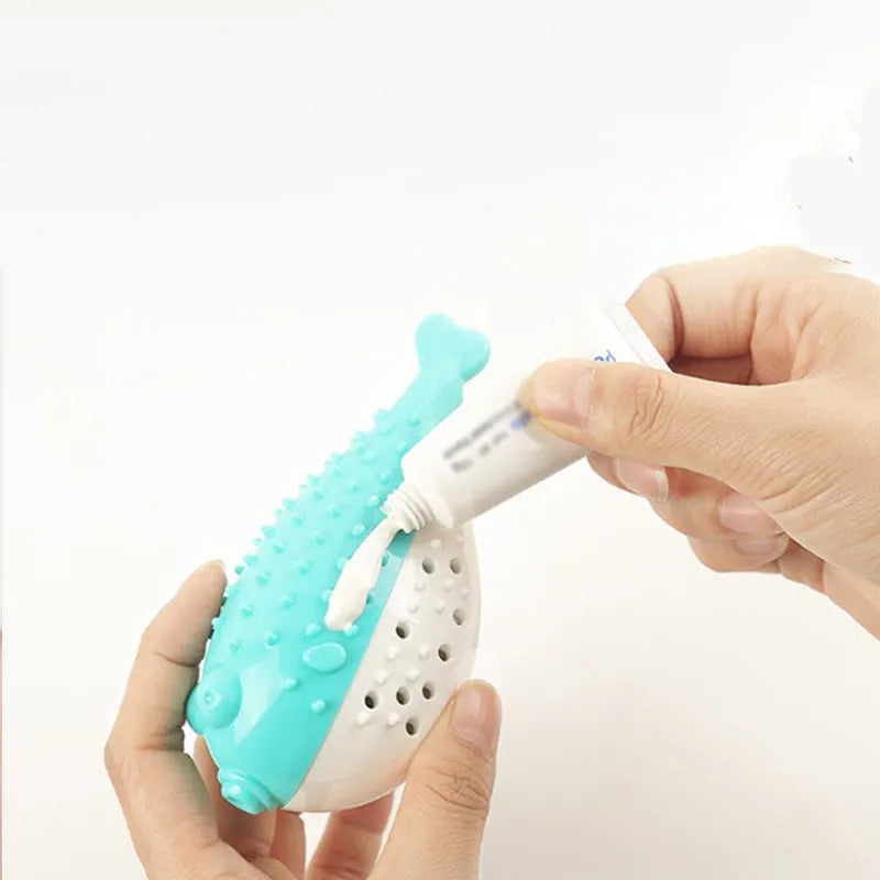 Mint Toys blue silicone fish-shaped cat chew toy with built-in toothbrush cleaner