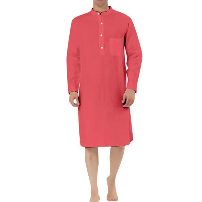 Men's cotton shirt robe in various colours showing shirt collar, front button opening, and pockets