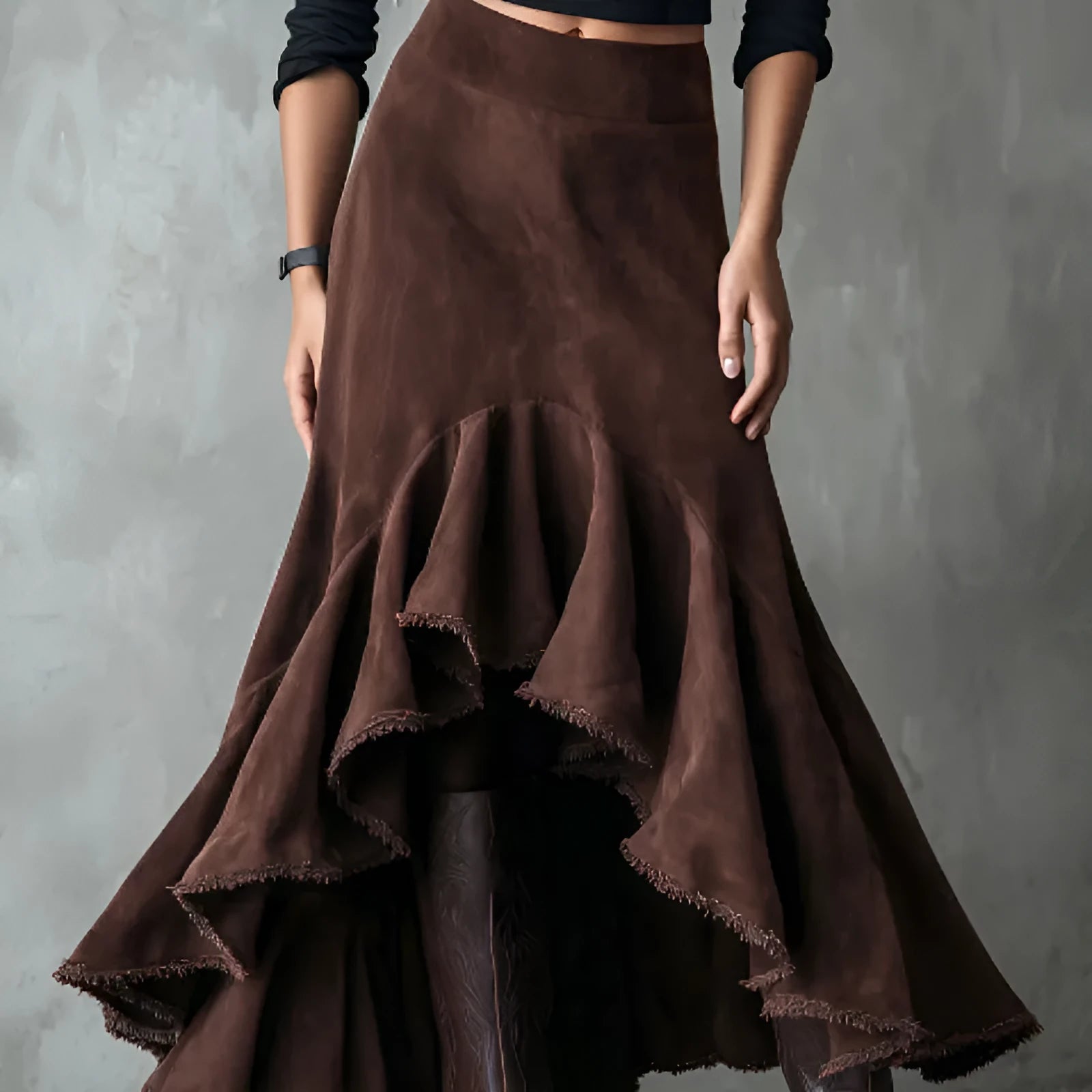 Brown women's maxi skirt with high-low hem and ruffle details in a Western leisure style.