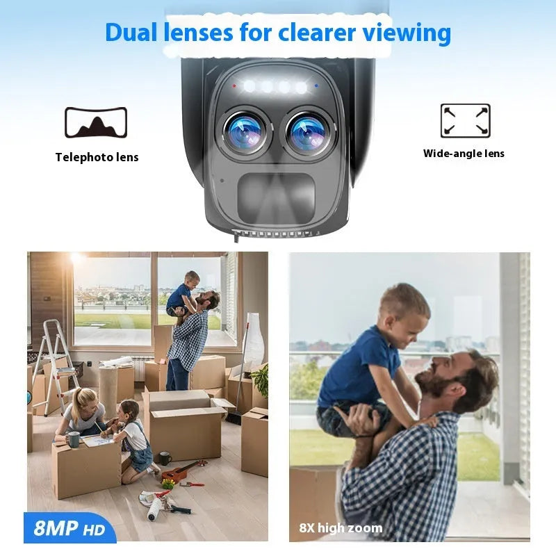 Solar-powered outdoor surveillance camera with 8x zoom lens for household security monitoring