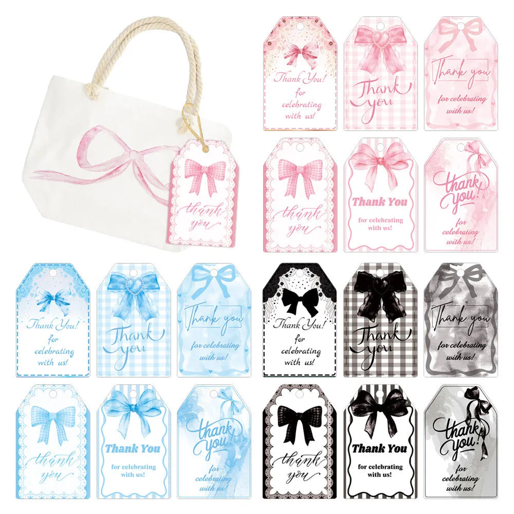 Set of 60 birthday party gift label tags with hemp rope in three bowknot design styles.