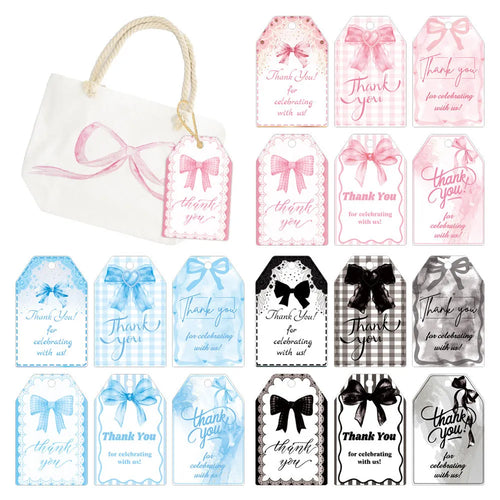 Set of 60 birthday party gift label tags with hemp rope in three bowknot design styles.