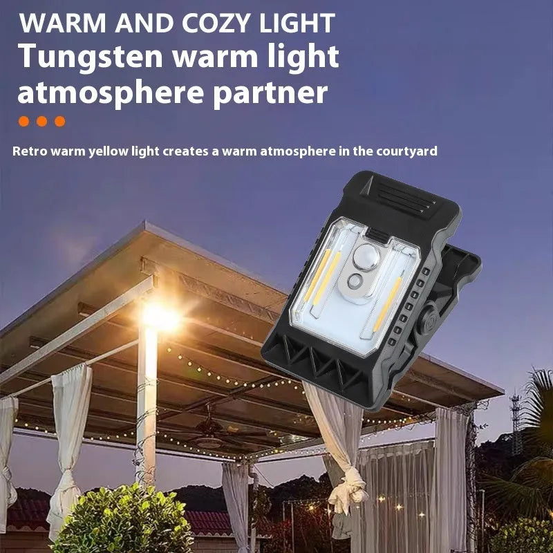 Clip lamp with motion sensor and adjustable brightness settings showing compact 11.2 x 7.6 cm design