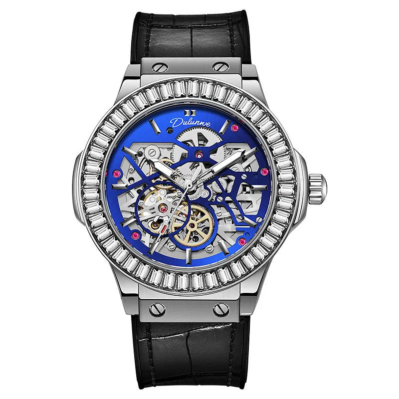 Automatic men's watch with skeleton diamond movement and white case, shown on wrist.