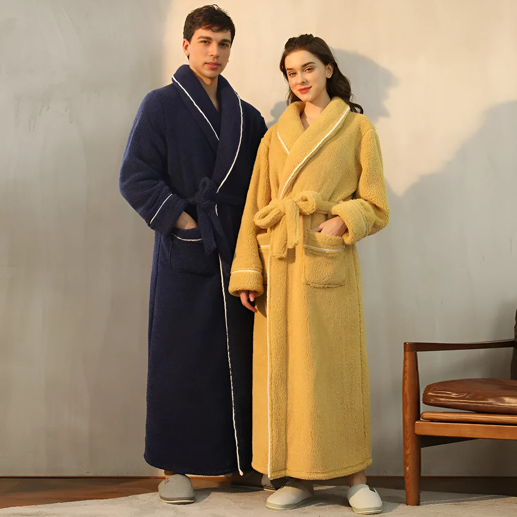 Heavy flannel couple's bathrobe in winter colours with extended sizing options