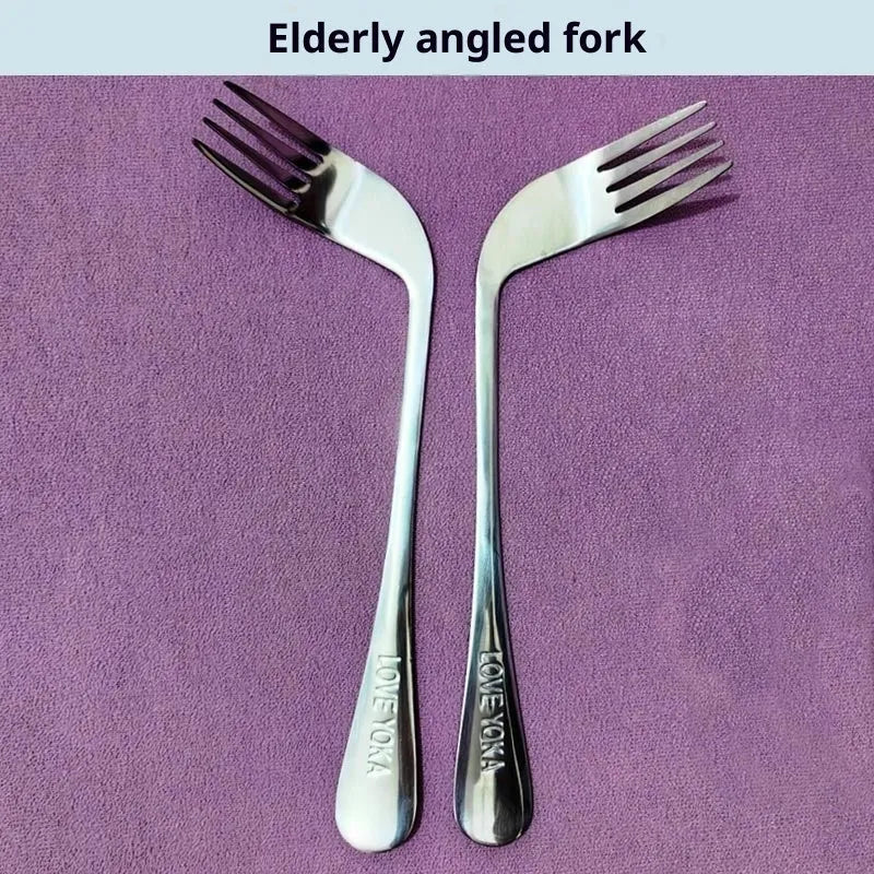 Stainless steel adaptive spoon for elderly feeding care, left hand version on white background