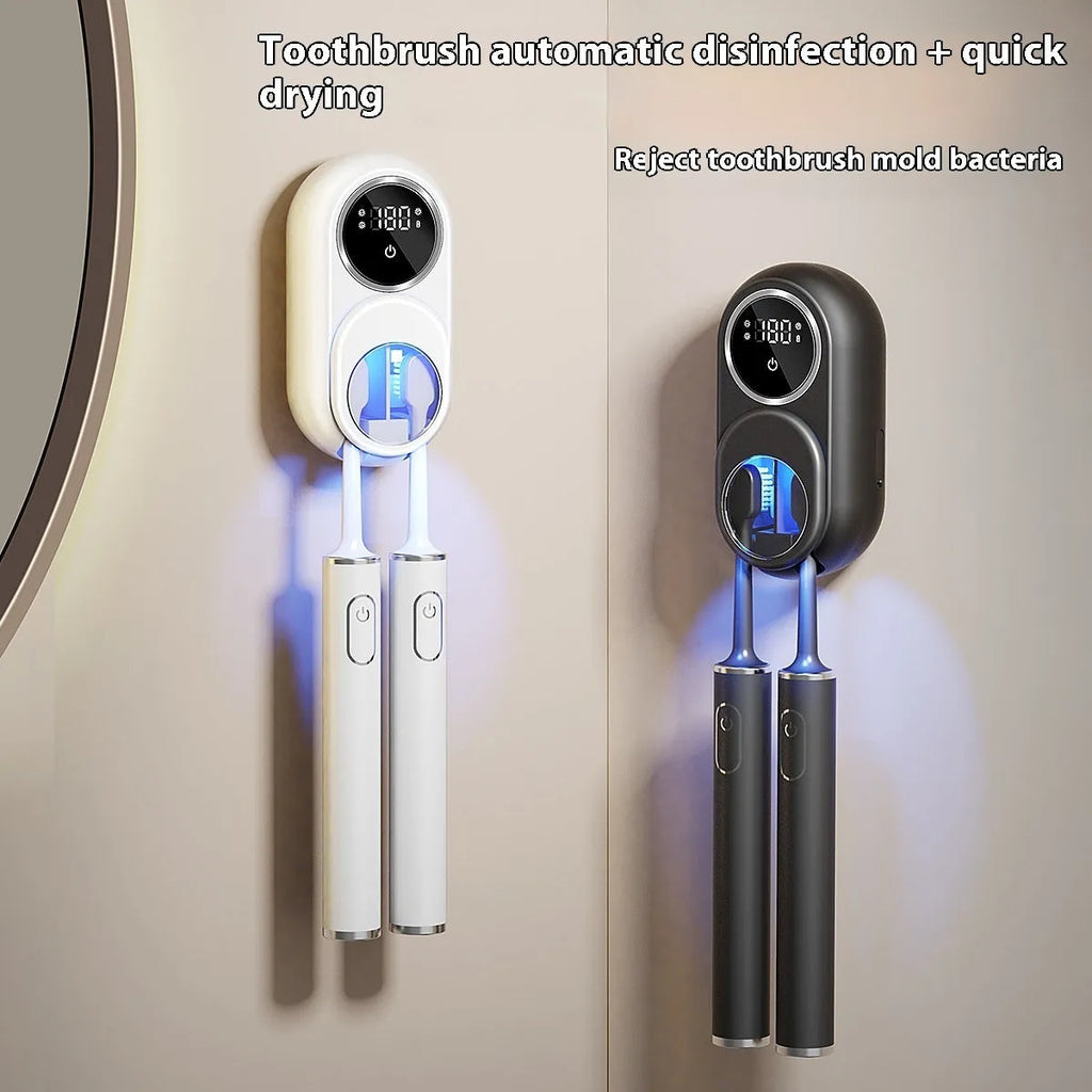 White electric UV sterilisation and drying wall rack mounted on a bathroom tile.