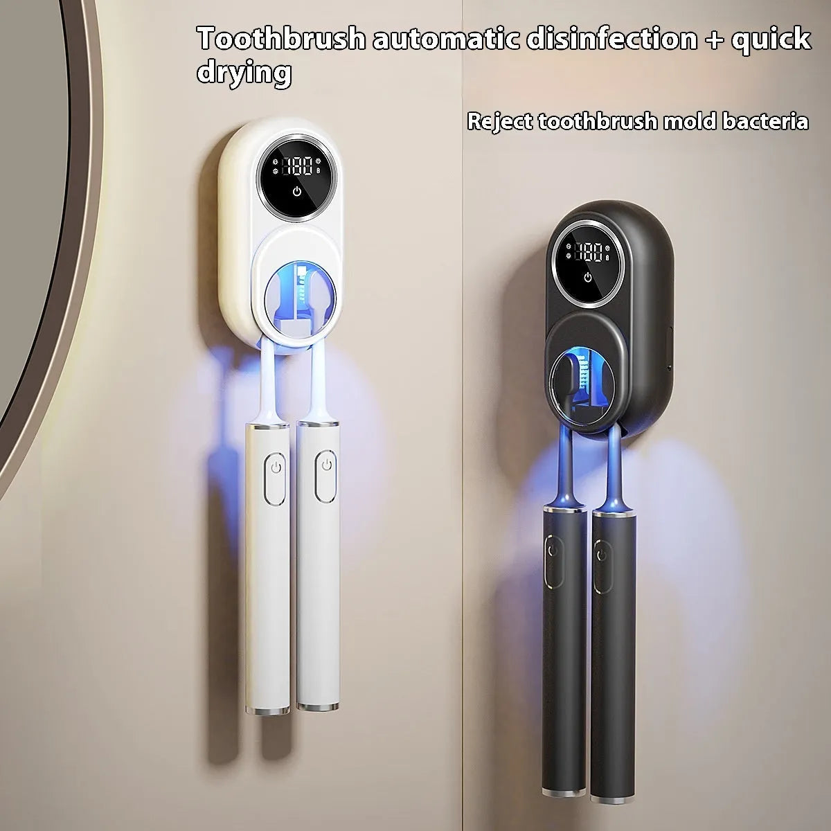 White electric UV sterilisation and drying wall rack mounted on a bathroom tile.