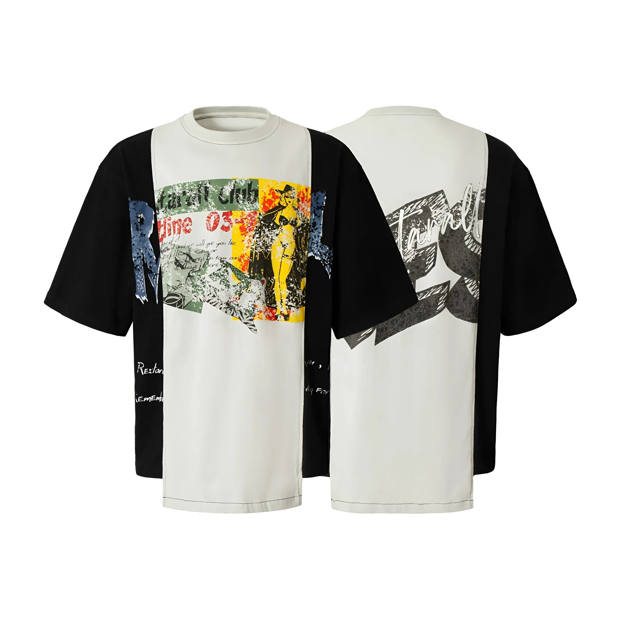 Black and white deconstruction collage printed cotton blend t-shirt with loose fit and short sleeves