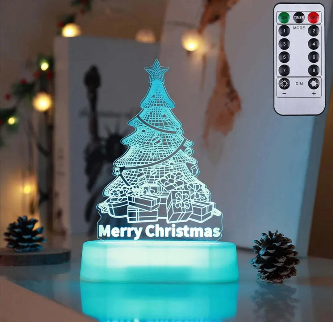 3D acrylic Christmas LED decorative night light showing a choice of festive designs like trees and reindeer.