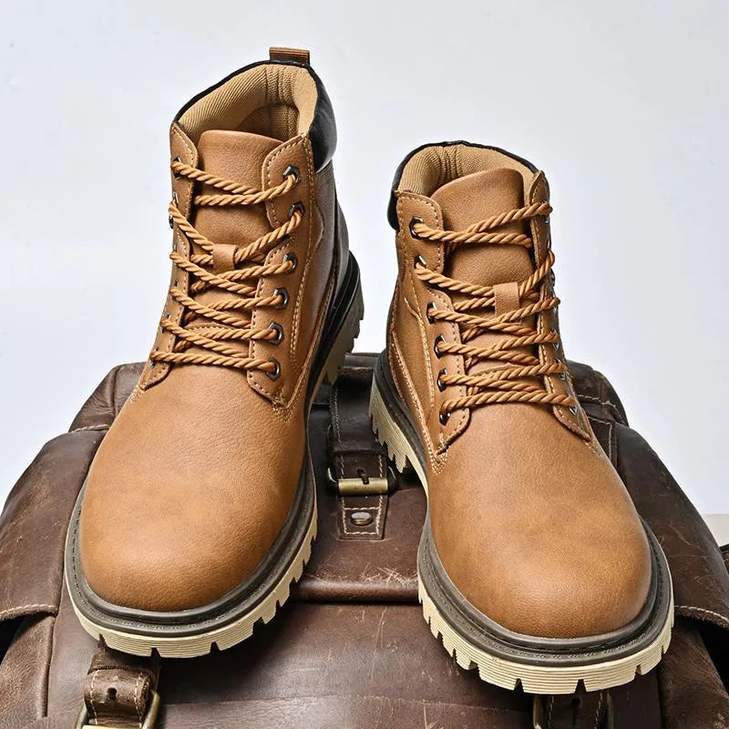 Genuine leather men's mid-top Martin boots in brown, black, and khaki with non-slip rubber sole