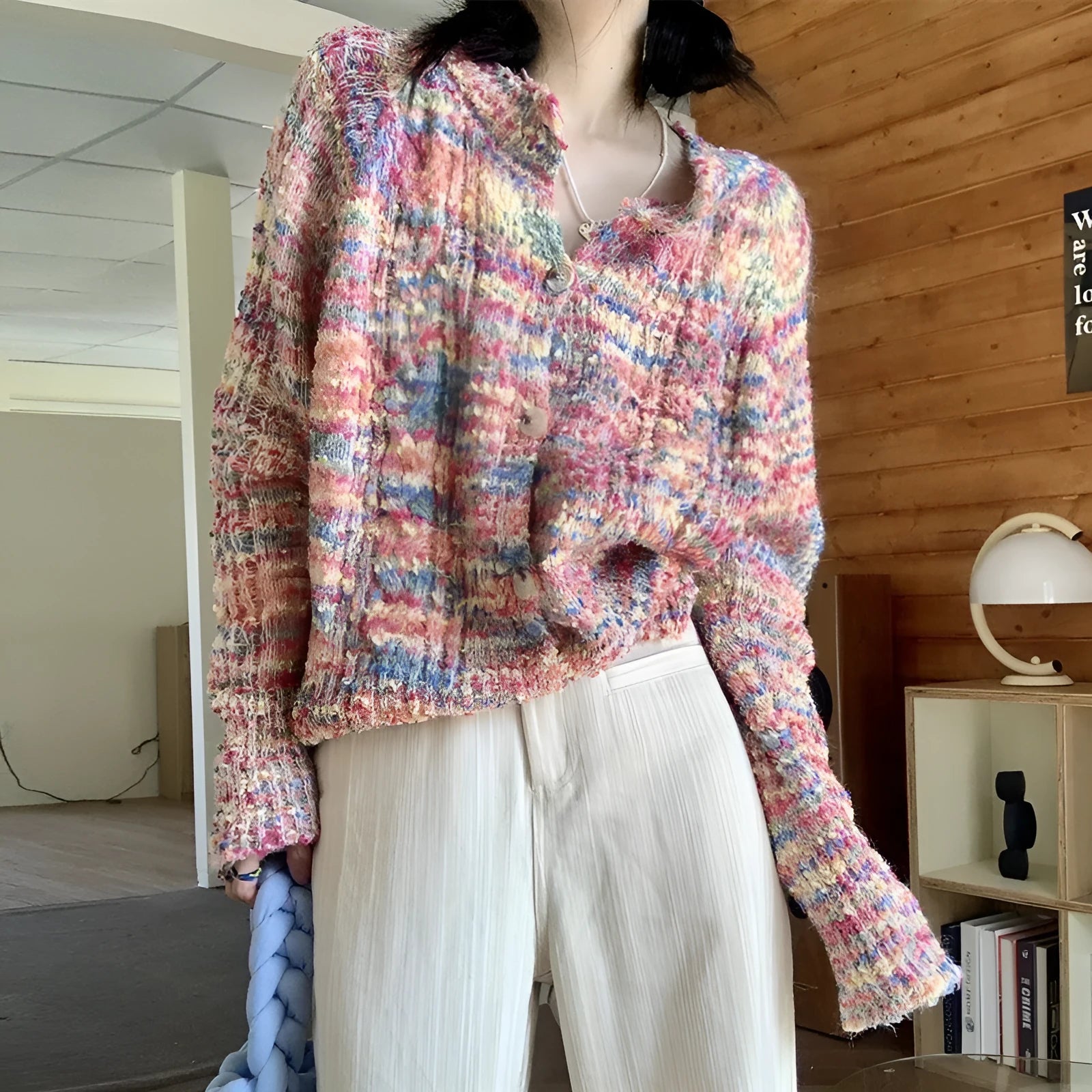Retro style acrylic fibre knitted rainbow sweater cardigan in pink or green with regular sleeves