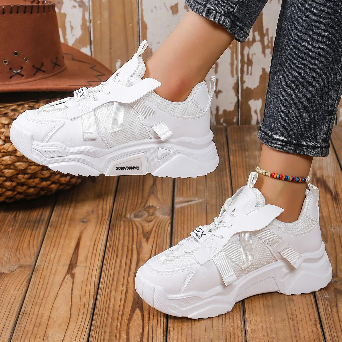 Women's platform mesh sports shoes in purple, green, white, pink and yellow colours with front lace-up design