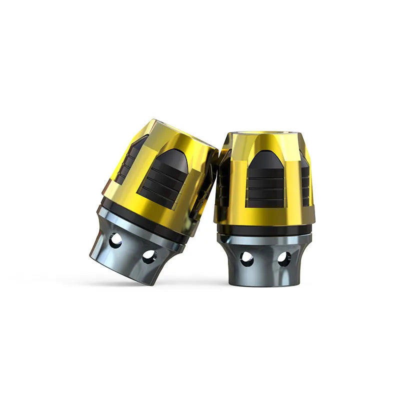 Pair of aluminium alloy fork cups for motorcycle or electric car front axle, shown in an anodic colour.