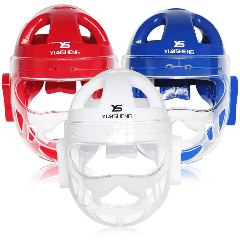 Karate boxing helmet for head protection shown in white, blue, and red colour options.