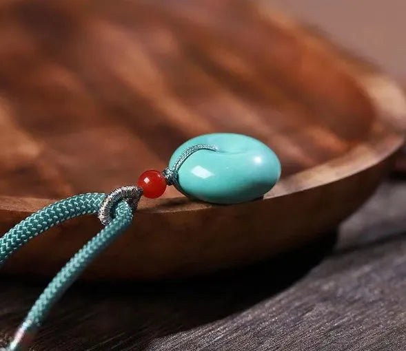 Natural turquoise polished round bread ring safety buckle pendant, 25mm, green, New Chinese style