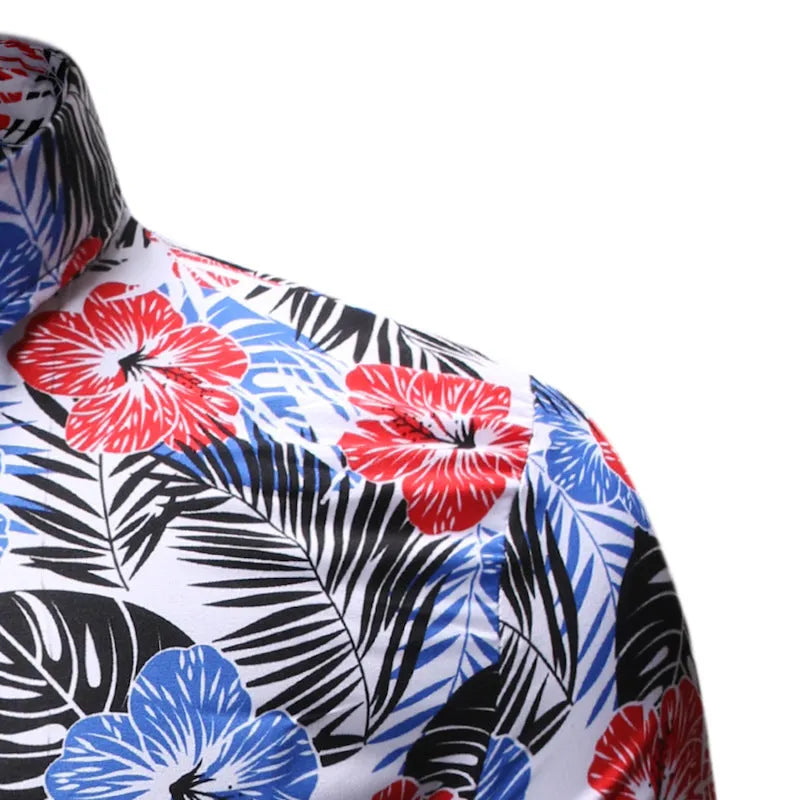 Men's summer beach short-sleeved floral shirt with square collar in blue and white polyester