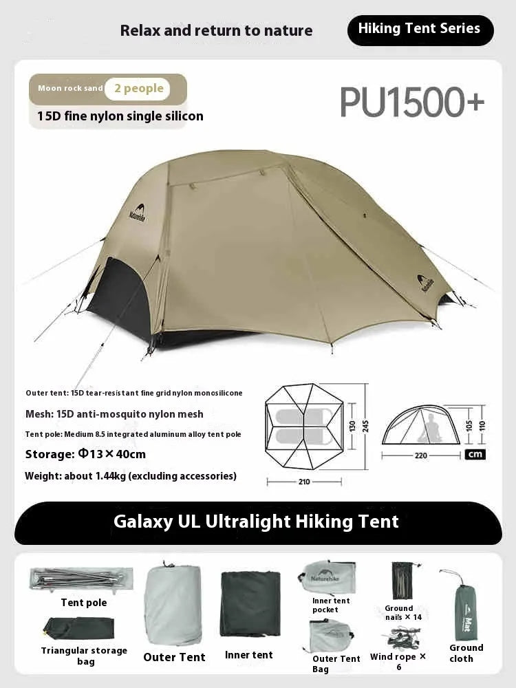 Ultralight double tent in grey for two people, inner tent size 210x130x105cm, 20D nylon construction