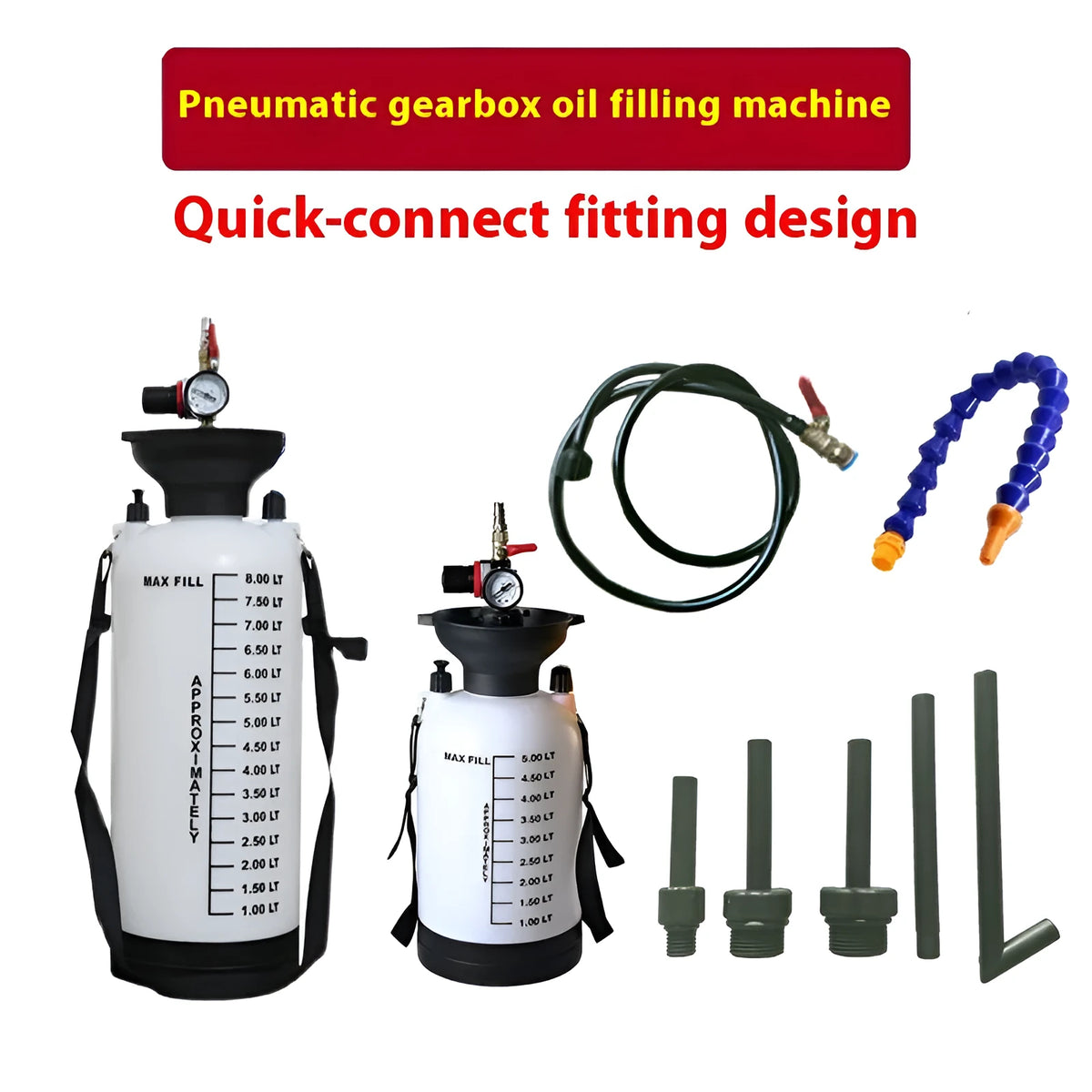 White metal car transmission oil tanker, 5L or 8L, 150 x 80 x 15 mm, with optional connector