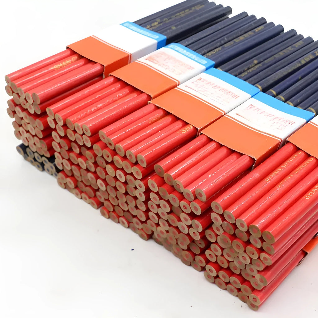 Ten red and blue round wooden carpenter's pencils for construction marking.