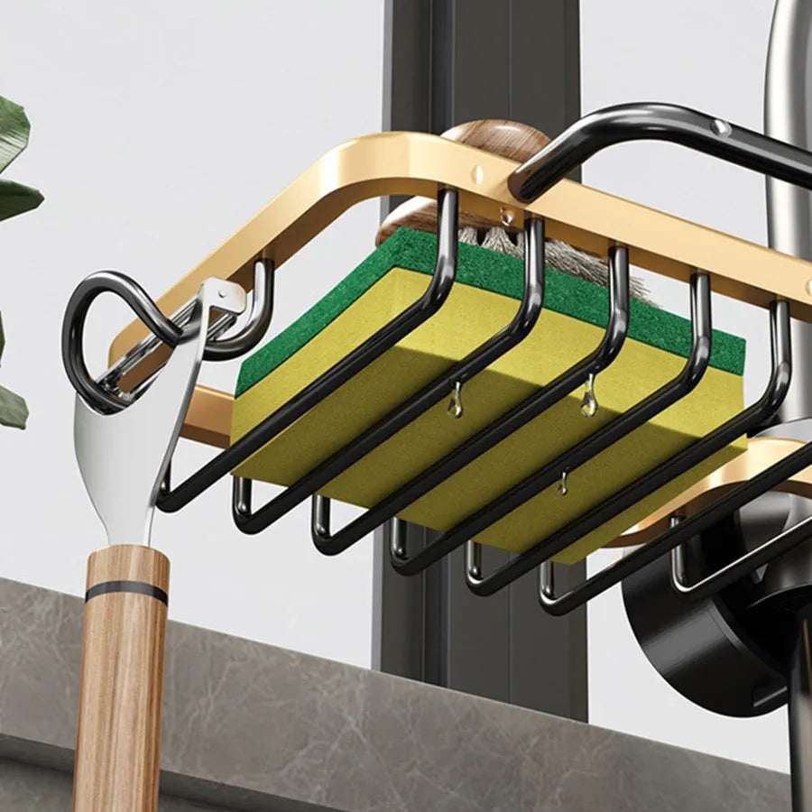 Kitchen faucet rack drain basket in space aluminium, single bar, installed on a silver tap over a sink