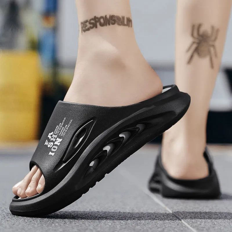 Men's colour block EVA slippers with thick soles in black, grey, or white and green colour options