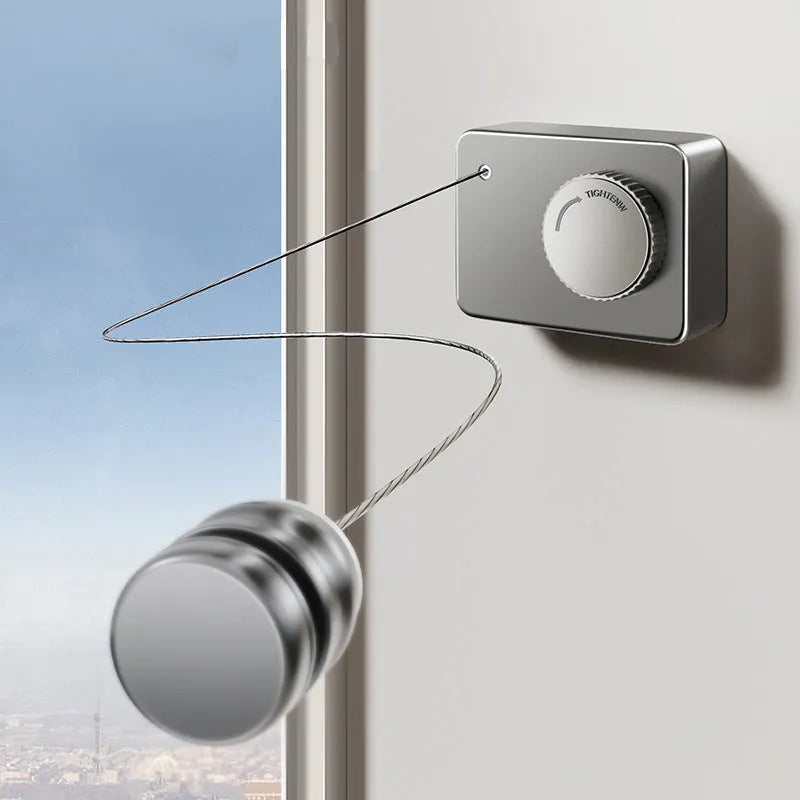 Gun grey retractable wall mounted clothesline extended to 4.8m with clothes hanging, ABS stainless steel construction