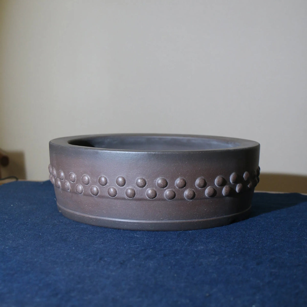 Purple sand ceramic bonsai pot, handmade round drum planter with nail detailing, 29.5cm inner diameter