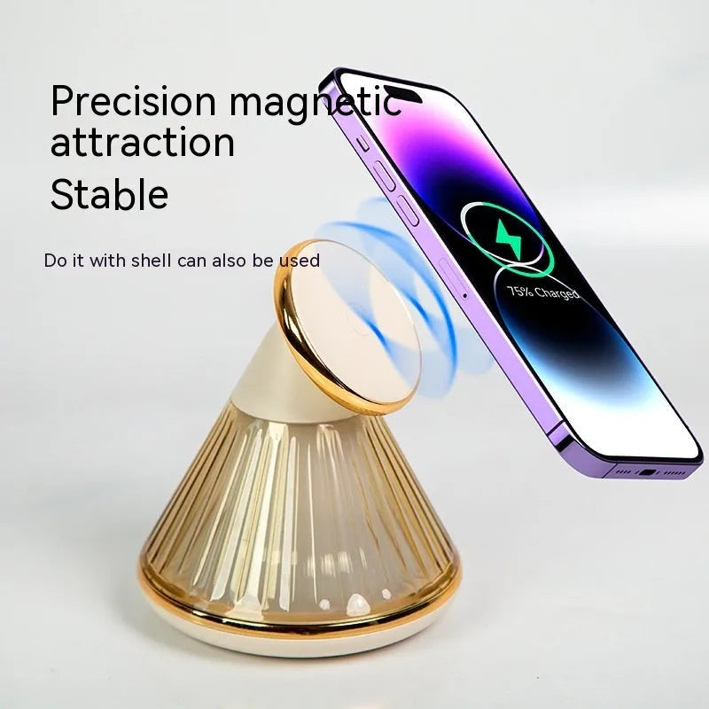 Champagne gold night table lamp with integrated magnetic wireless charging pad and dimmable LED light.