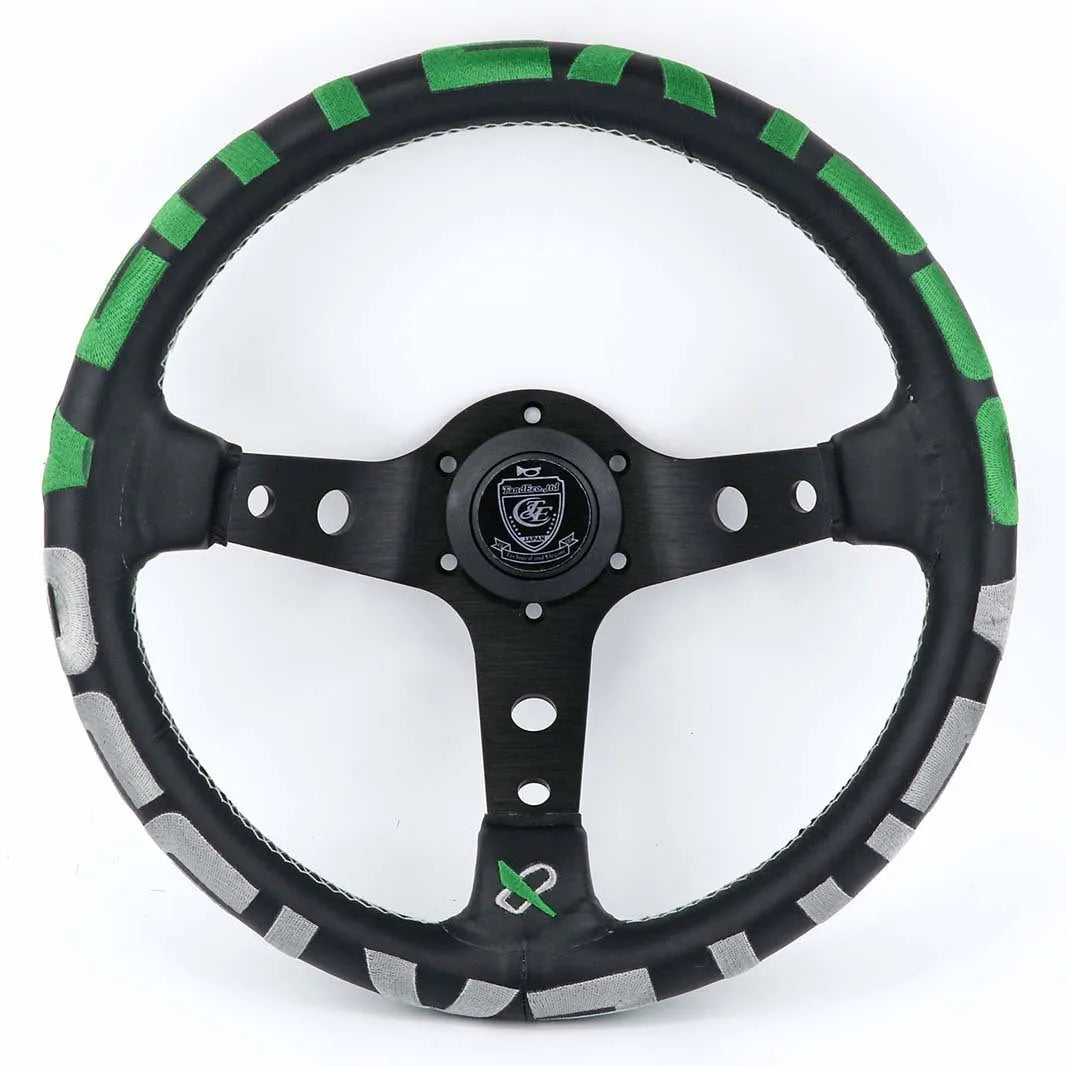 Black deep concave alloy racing steering wheel showing 330mm diameter and Vertex design options.