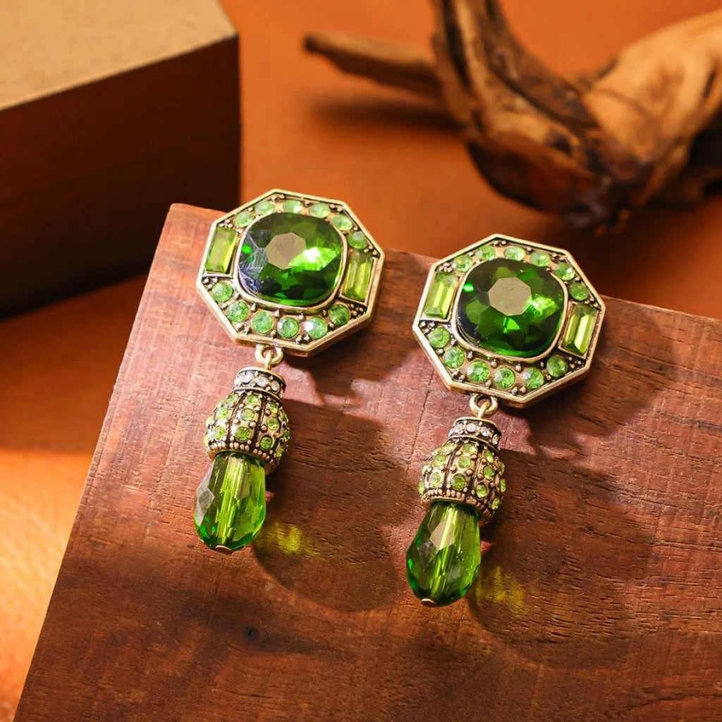 Full-jeweled octagonal copper alloy stud earrings in blue colour with geometric Chinese style design
