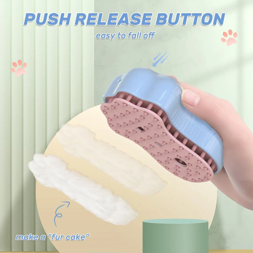 Self-cleaning cat steam brush with silicone bristles, spray nozzle, and release button in blue, green, or pink