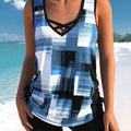 Women's printed split boxer swimsuit set shown in a choice of colours including black, navy, light green, and a print.