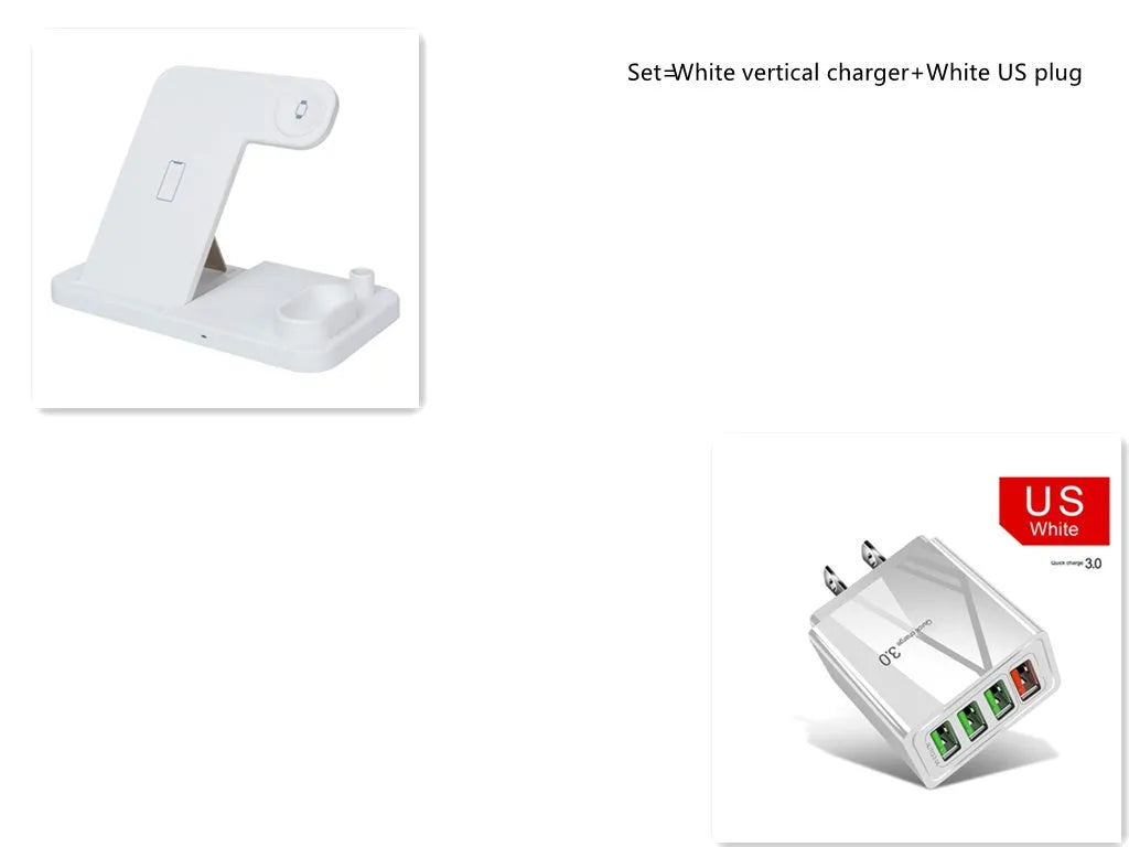 4-in-1 wireless charging station with phone, Apple Watch, and AirPods on adjustable magnetic stand