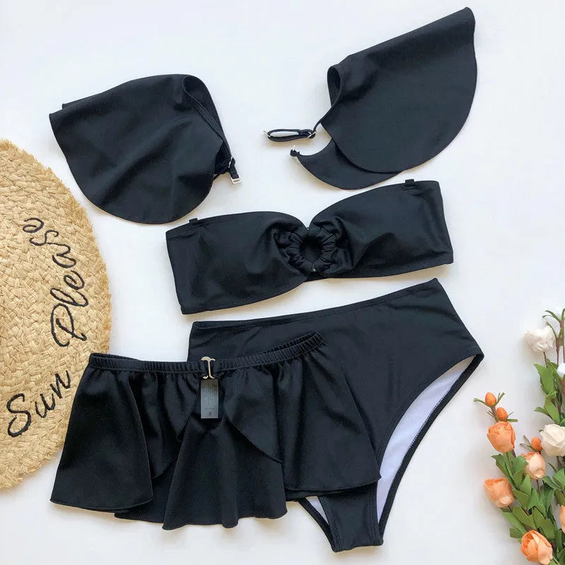 Women's three-piece flounced bikini swimsuit in nylon with spandex lining