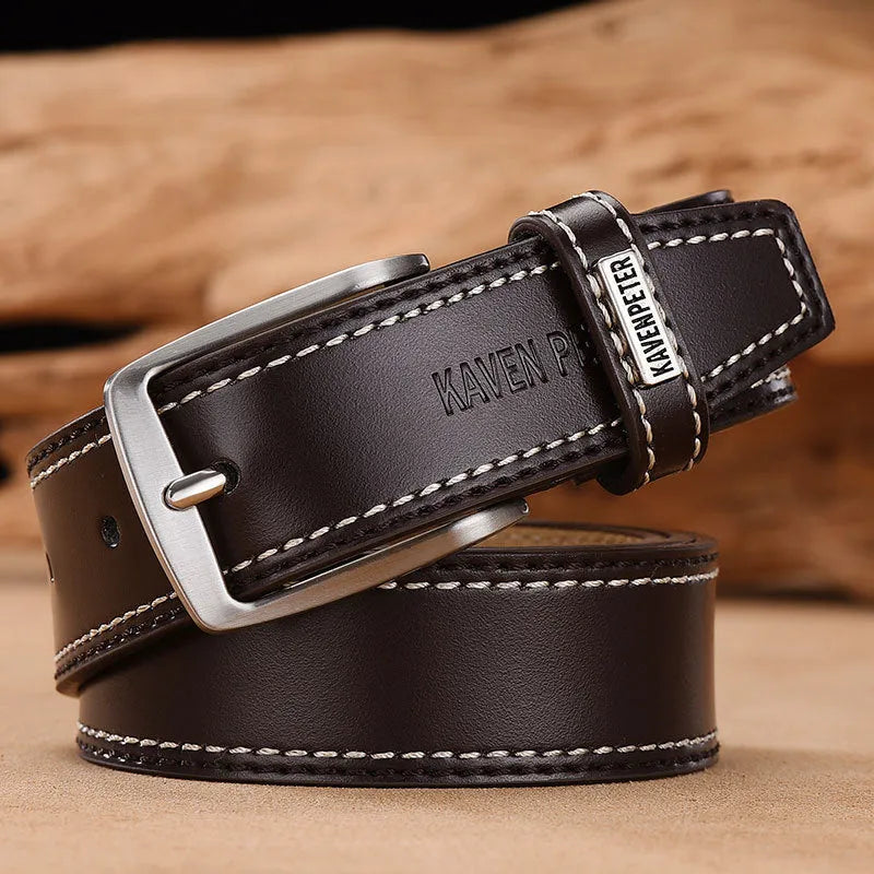 Men's genuine leather cowhide belt with alloy pin buckle, 2-4cm width, available in four colours and four lengths