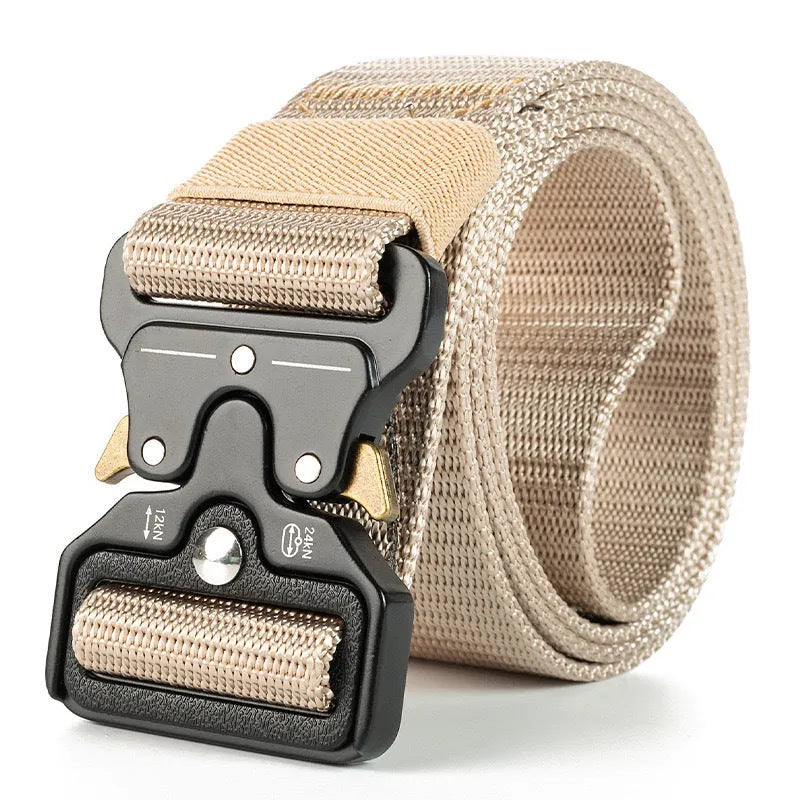Men's thick canvas tactical belt with alloy quick-release buckle in army green colour