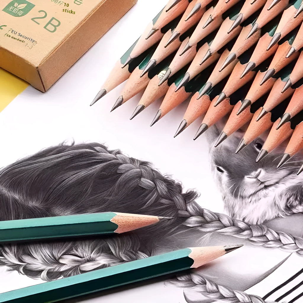 Green hexagonal wooden pencils with HB and 2B graphite grades in pack of 10