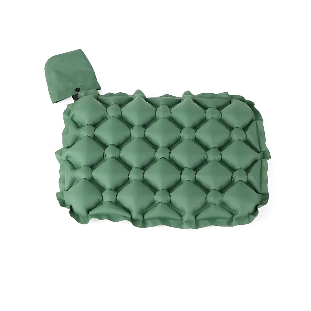 Inflatable camping cushion in grey, 40D nylon TPU, measures 5x34x44cm, lightweight and waterproof for outdoor use