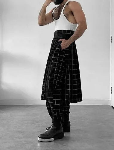 Men's plaid trousers with detachable apron in relaxed fit with belt and pockets